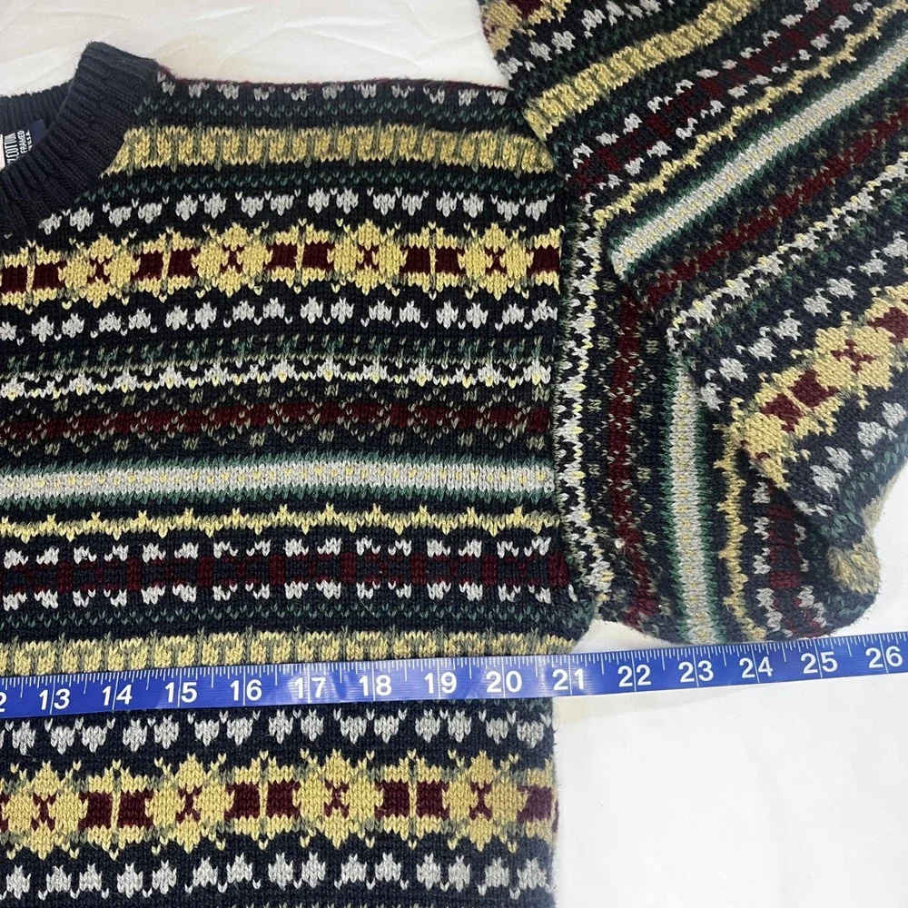 Vintage 90s Adult Large Fair Isle Cotton‎ Sweater Made in USA Navy Green Preppy